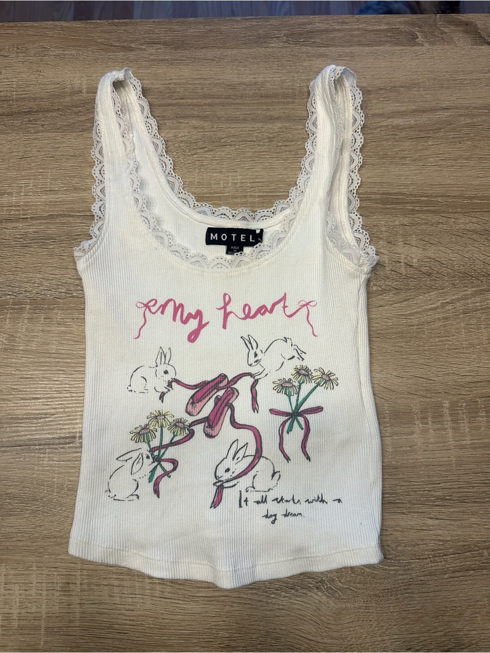 Motel Rocks White Lace-Trim Graphic Tank with Pink Ballet Ribbon